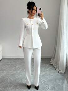 Elenzga 2 件套女士纯色圆领长袖单排扣夹克和裤子优雅套装，秋季 - 白色 - 查看 7