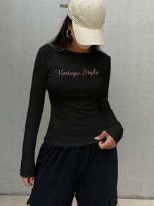 FRIFUL 女士圆领长袖字母印花休闲T恤，秋季学院风上衣，带保暖内衬