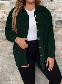 SHEIN LUNE Áo sơ mi thường ngày tay dài màu trơn cỡ lớn cho nữ, mùa thu, đơn hàng khuy - Màu xanh lá cây đậm - Xem 3