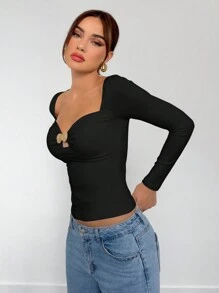 Aloruh Áo thun dài tay cổ bẻ cài nút màu trắng cho nữ, mùa thu - màu đen - Xem 5