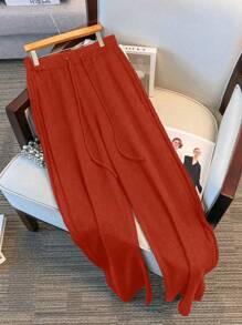 SHEIN LUNE Plus Size Women Solid Color Drawstring Waist Wide Leg Loose Knitted Pants For New Year Clothes