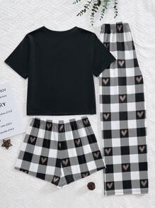 SHEIN Leap Crew Conjunto informal de 3 piezas para chica adolescente: Camiseta de manga corta con estampado de letra de cuello redondo + Pantalones con estampado de cuadros de corazón + Pijama con pantalones cortos
