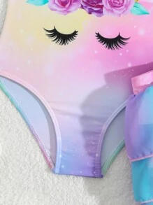 Sparklyn 2pcs Cute Unicorn Cartoon Print Young Girls Swimsuit, Consisting Of Mesh Splicing Ruffle Hem Swimsuit & Tie Dye Ruffle Trim Cover-Up Skirt, Adorable Girls Beach Outfit Summer Holiday - Multicolor - View 6