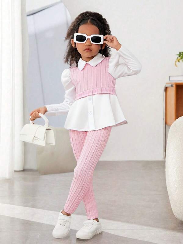 SHEIN Conjunto de 2 peças de blusa de manga comprida com estampa de blocos de cores para meninas e calças compridas rosa