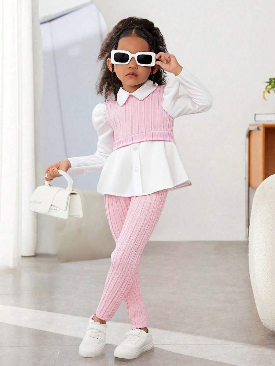 SHEIN Sparklyn 2pcs Young Girl Ribbed Colorblock Long Sleeve Top And Pink Long Pants Set - Baby Pink - View 1