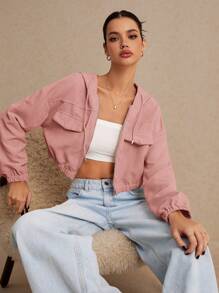 Poéselle 翻盖细节落肩抽绳连帽灯芯绒夹克，女士春/秋休闲抽绳，拉链落肩连帽常规款式暗粉色灯芯绒纯色女士夹克，休闲日常穿着 - 藕粉色 - 查看 3