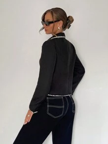 SHEIN Essnce New Winter Loose Short Embroidered Shell Bomber Jacket, Thick Tweed Jacket, Outerwear, Women Jacket, Black, Winter Clothing, Jacket - Black - View 2