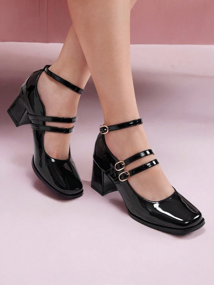 CUCCOO DOLLMOD Fashionable Black Ankle Strap Mary Jane Thick Heel Square Toe High Heels Spring Shoes Spring Break Easter For Christmas Spring Shoes