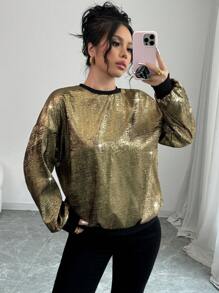 Chiquease 2024秋季新款女士宽松长袖卫衣，金色箔印图案，中长款，适合新年假日派对穿着。 - 金色 - 查看 5