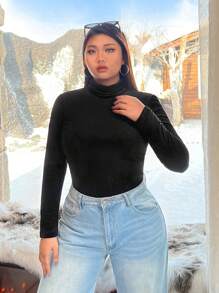 SHEIN EZwear 大码天鹅绒罗纹保暖紧身衣 - 黑色 - 查看 3