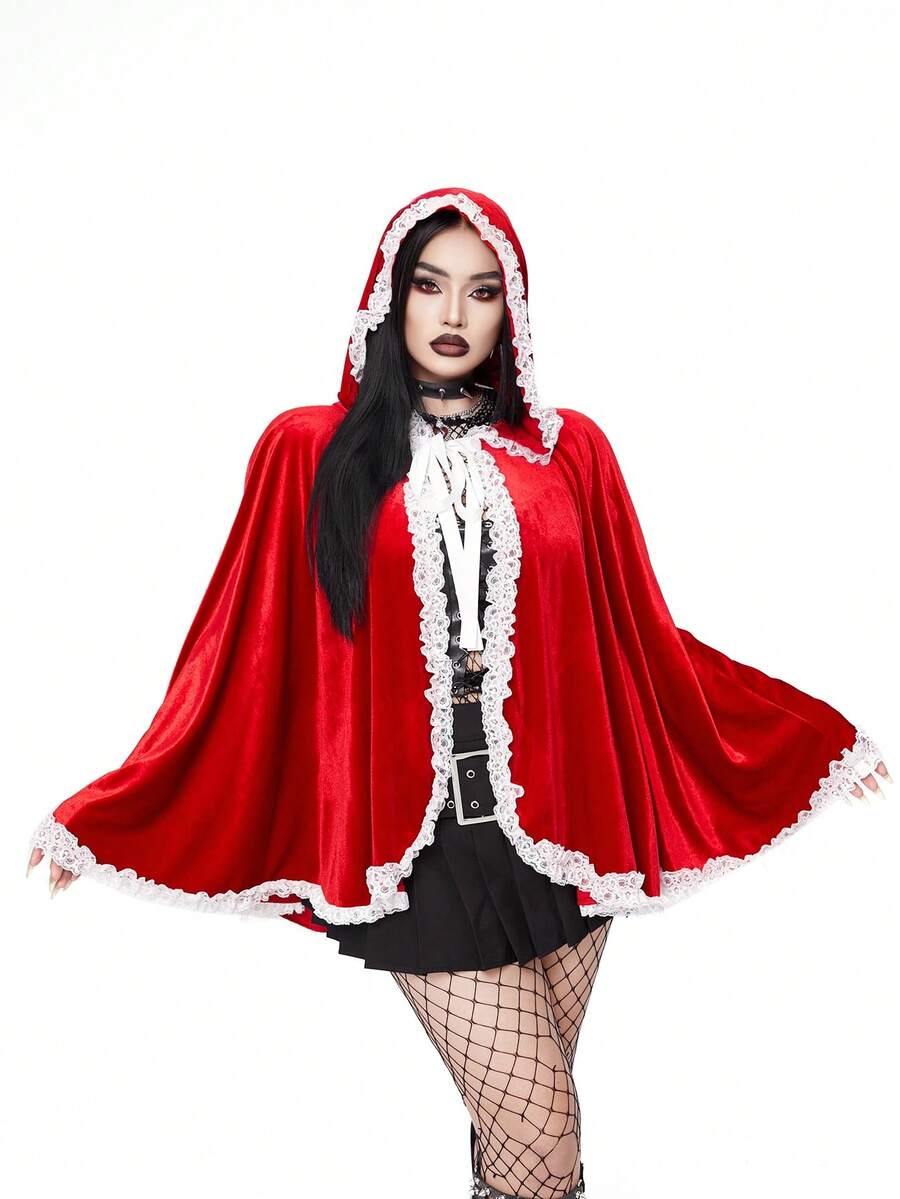 SHEIN Whyspr Red Velvet And White Lace Splice Short Christmas Hat Cape