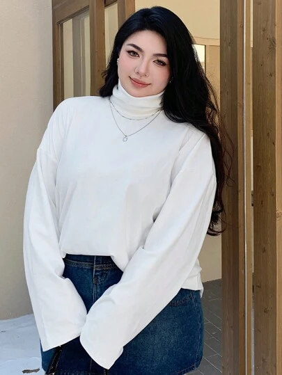 Dazy Plus 플러스플러스 사이즈 하이넥 루즈핏 솔리드 컬러 베이스 티셔츠, 화이트, 봄/여름/가을 긴팔 여성 탑스, 가을 여성 의류