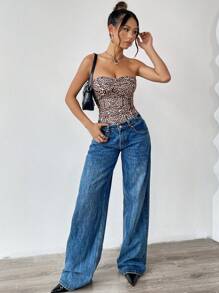 INAWLY بدلة جسم نسائية بطبعة نمر محشوة ومجعدة