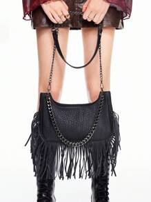 ROMWE Goth Women's Retro Punk Style Tassel Shoulder Bag High-End Fashion Street Casual Commuter Chain Underarm Bag - Black - View 6