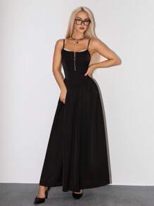 SHEIN ICON Đầm bodycon eo Hipster 2 trong 1 cổ bẻ, hai dây mảnh, siêu dài - màu đen - Xem 4