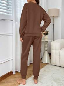 1Set Letter Print Athleisure Style Women Sleepwear Pajama Set - Brown - View 2