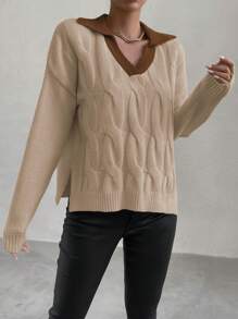 SHEIN Unity Sweater Rajut Wanita Lengan Panjang Kasual Kerah V Warna Kontras, Model Pullover Rajut Musim Gugur/Musim Dingin - MultiWarna - View 4