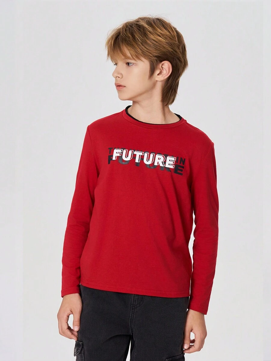 SHEIN 青少年男孩紅色圓領長袖T恤，印有字母圖案 - 酒紅色 - 查看 1