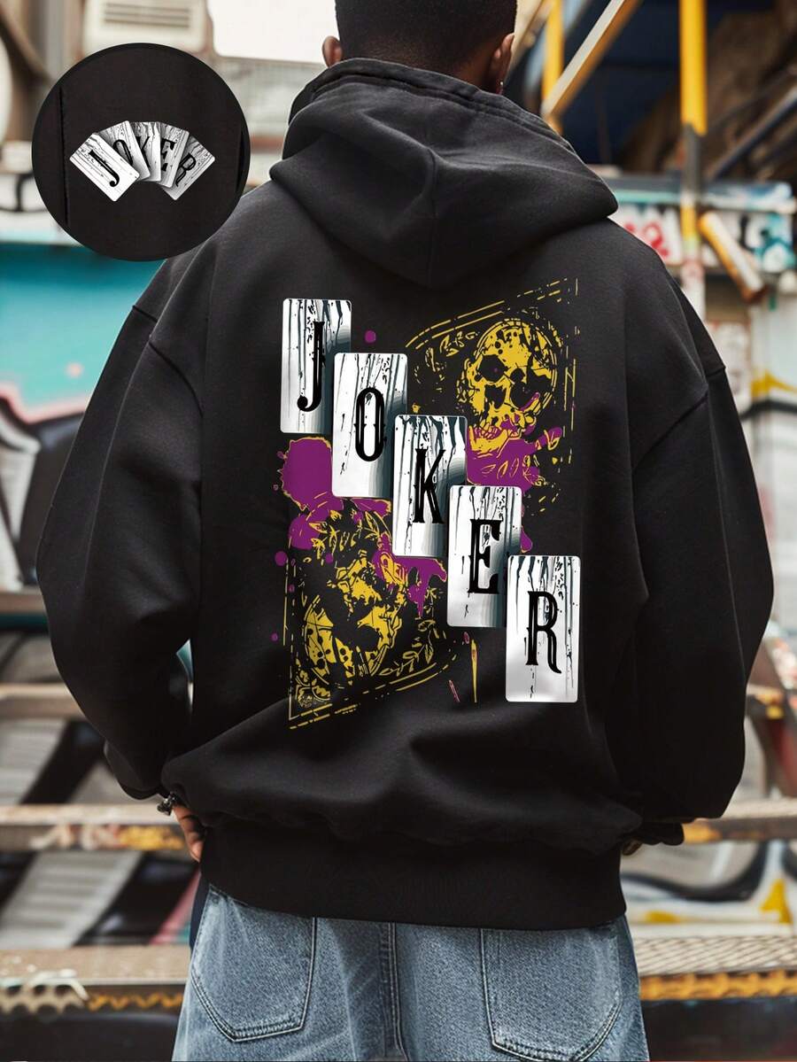 Manfinity Dauomo Áo nỉ trùm đầu in chữ và đầu lâu lót nhiệt thường ngày cho nam, mùa thu/đông - màu đen - Xem 1