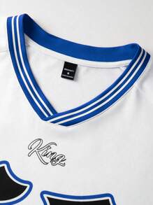 PAVTROS 男士条纹拼接数字印花短袖T恤，休闲日常穿着，图案T恤，图案T恤，图案男士T恤 - 彩色 - 查看 8