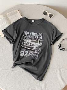 SHEIN Teen Girls Car & Letter Graphic Tee