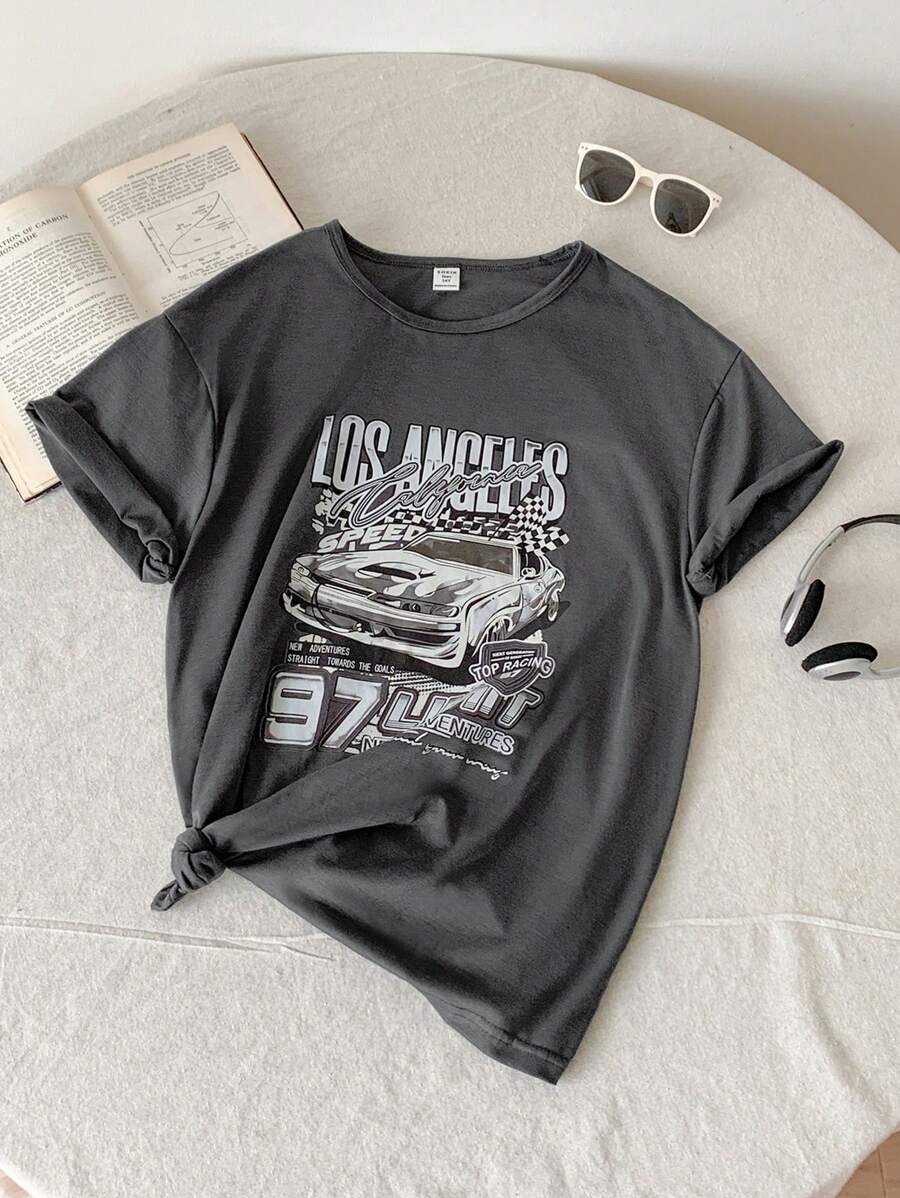 SHEIN Teen Girls Car & Letter Graphic Tee - Grey - View 1