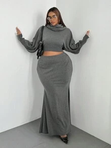 Maweii Set de 2 piezas de talla grande: Top de mangas tipo murciélago con cuello alto y falda con bajo de cola de pez