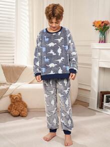SHEIN 2pcs Tween Boy Cartoon Dinosaur Pattern Ribbed Crew Neck Long Sleeve Top & Flannel Pajama Pants Sleepwear Set, Soft & Comfortable For Autumn/Winter - Multicolor - View 4