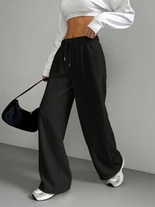 SHEIN EZwear 女士黑色编织抽绳腰休闲宽松阔腿裤 - 黑色 - 查看 1
