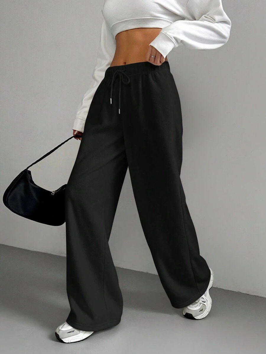 SHEIN EZwear 女士黑色编织抽绳腰休闲宽松阔腿裤 - 黑色 - 查看 1