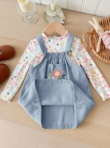 SHEIN LMoss Kids Babygirl 可爱秋季灯芯绒花卉刺绣围兜裙和长袖上衣套装 - 藍色 - 查看 5