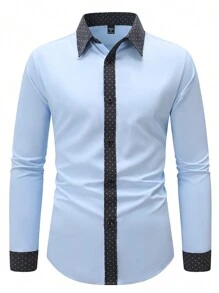Manfinity Mode Men's Contrast Color Single-Breasted Casual Commuter Long Sleeve Shirt, Autumn