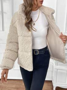 SHEIN Frenchy Áo khoác nữ có túi khóa kéo màu trơn, tay dài mùa đông - Màu be - Xem 9