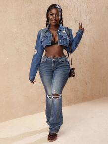 Slaydiva Damen Mode Denim Jacke mit Nieten & Rissen, Herbst - Blau - Übersicht 6