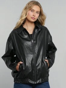 Easelle Casual And Stylish Zippered Off-Shoulder PU Leather Jacket - Black - View 5