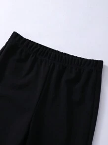 SHEIN Conjunto de blusa de cuello en V con moño y pantalones rectos de unicolor para niña preadolescente, de moda y divertido, adecuado para todas las estaciones - Blanco y Negro - Ver 8