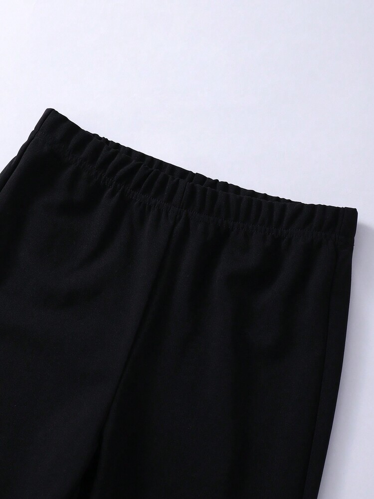 SHEIN Bộ áo nơ cổ chữ V và quần ống loe màu trơn cho bé gái tuổi mới lớn, thời trang và vui nhộn, phù hợp với mọi mùa - Đen và trắng - Xem 8