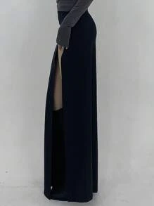 DAZY 女士时尚纯色紧身高开衩半身裙 - 黑色 - 查看 3