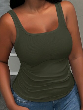 Slaydiva Große Größen Damen Tank Top Lässig Grundlegende Rundhals Rücken-Racerback Raffung an den Seiten Loose Tank Top, halbdurchsichtiges normales Tank Top