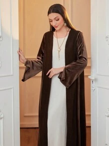 Al Najma 女士秋冬长款宽松天鹅绒拼布毛圈提花和服开衫 - 咖啡棕 - 查看 5