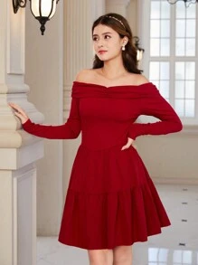 1 pezzo Abito lungo a maniche lunghe e spalle scoperte per ragazze giovani/adolescenti, design dolce ed elegante, adatto per l'autunno, per Natale - Bordò - Visualizzare 1