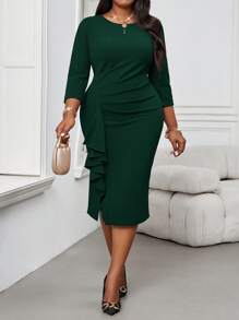 SHEIN Lady Autumn And Winter Christmas Party Dress Elegant Vintage Work Wedding Cocktail Party Deep Red Knitted Round Neck Pencil Flounce New Product Bodycon Dress Plus Size Dresses Bridesmaid Dress