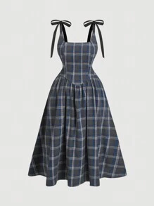 SHEIN MOD Plus Size Green Retro Plaid Dress With Bow Shoulder Strap - Royal Blue - View 4