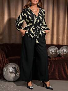 EMERY ROSE 2 件大码女士优雅画笔印花灯笼袖上衣和阔腿裤套装秋季女装女士秋季套装 - 杏色 - 查看 1