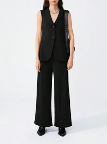 LYSMO Women Solid Color Fitted Vest And Loose Straight Leg Pants 2 Pieces Suit - Black - View 1