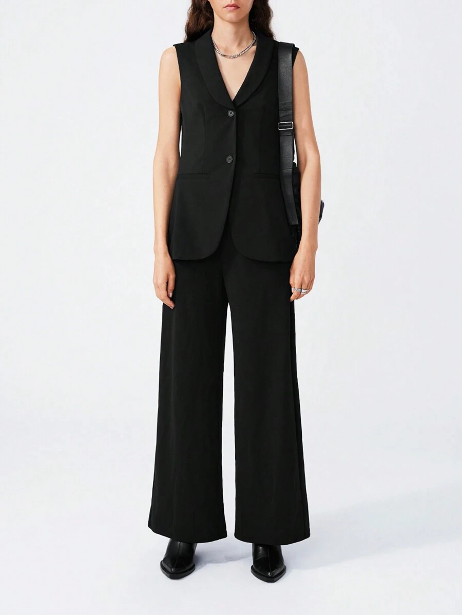 LYSMO Women Solid Color Fitted Vest And Loose Straight Leg Pants 2 Pieces Suit - Black - View 1