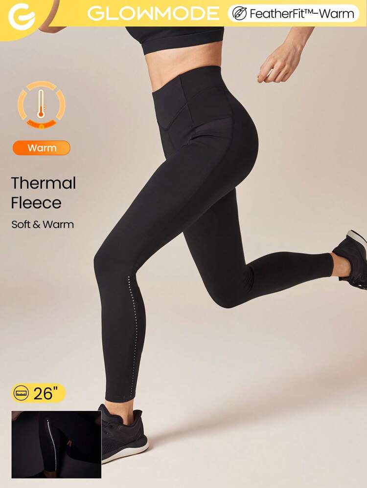 Leggings térmicos acolchados reflectantes de 26 pulgadas con bolsillos laterales, adecuados para yoga de bajo impacto y uso diario en otoño e invierno