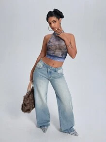 Jeanoix 女式前扣口袋休闲牛仔长裤，适合日常穿着，低腰直筒宽松牛仔裤 - 淺色水洗藍 - 查看 4