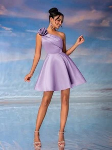Lovelzi Elegant Fancy Pink 3D Floral One Shoulder Swing Peplum Cocktail Party Mini Dress, Semi Formal Prom Dress, For Birthday, Wedding Guest, Graduation Homecoming