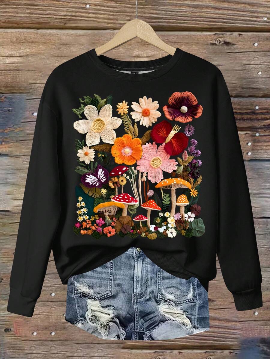 SHEIN LUNE Áo nỉ dày cổ tròn in họa tiết tối giản giản dị, dáng rộng, cỡ lớn, cho mùa đông - màu đen - Xem 1